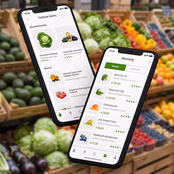Dos teléfonos muestran un catálogo de frutas y verduras con sus precios.